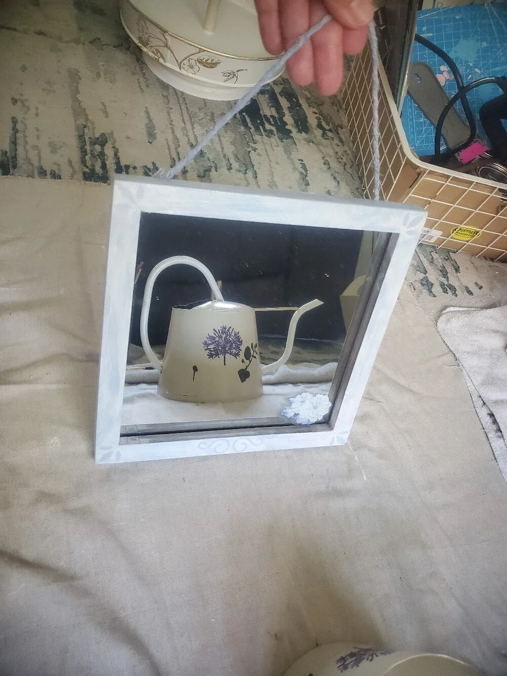 White Framed Square Wall Mirror with Decorative Rope Hanger